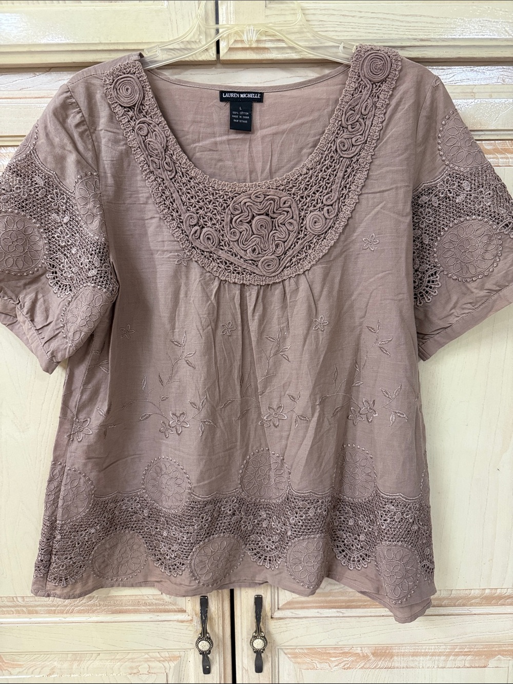 Lauren Michelle Dusty Taupe Crochet & Embroidered Scoop Neck Top